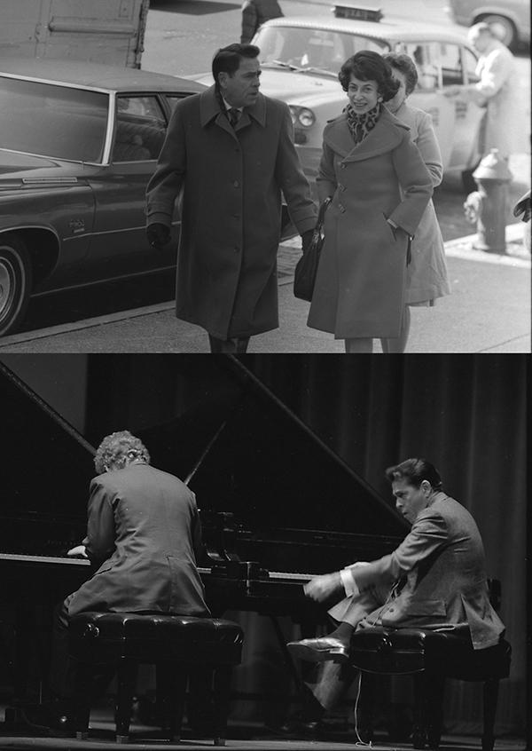 woman and man on sidewalk; man teaching piano student.